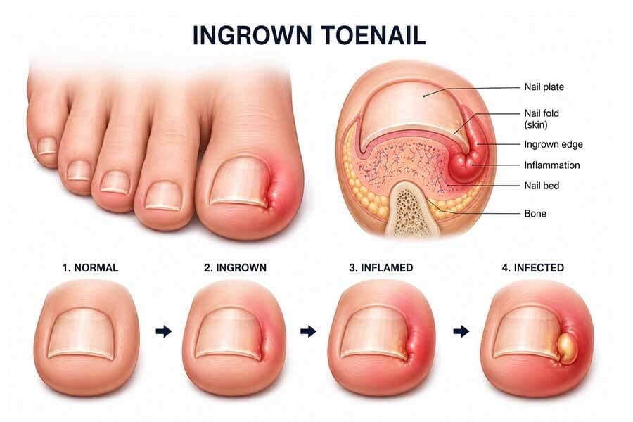 Anatomía de la uña encarnada y evolución desde una uña normal hasta la inflamación y la infección