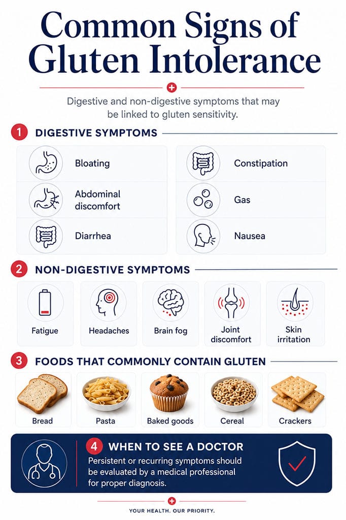 Common signs of gluten intolerance infographic by Century Medical and Dental Center showing symptoms, gluten-containing foods, and when to seek medical evaluation