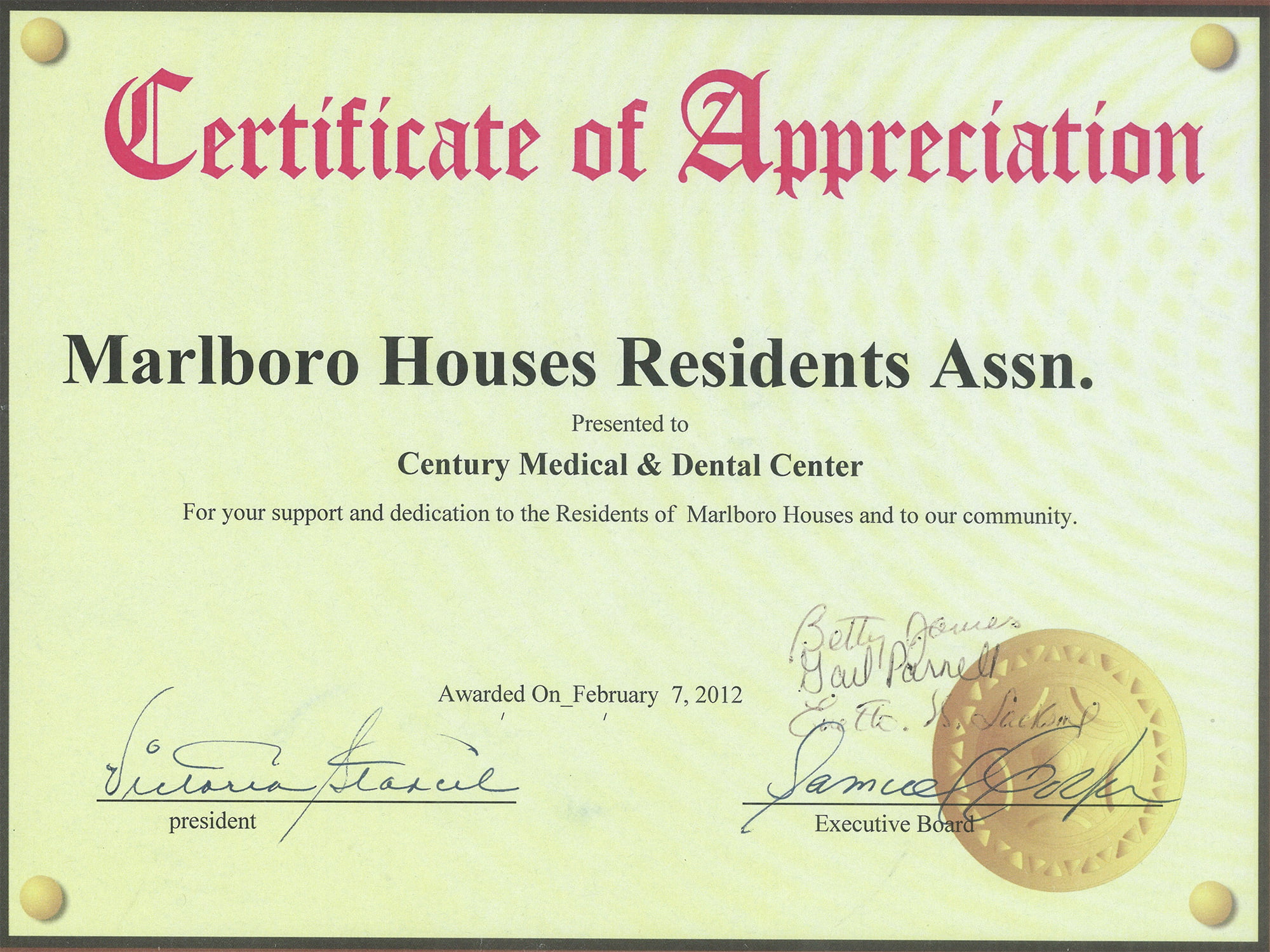 Certificate of Apprecciation Marlboro Houses
