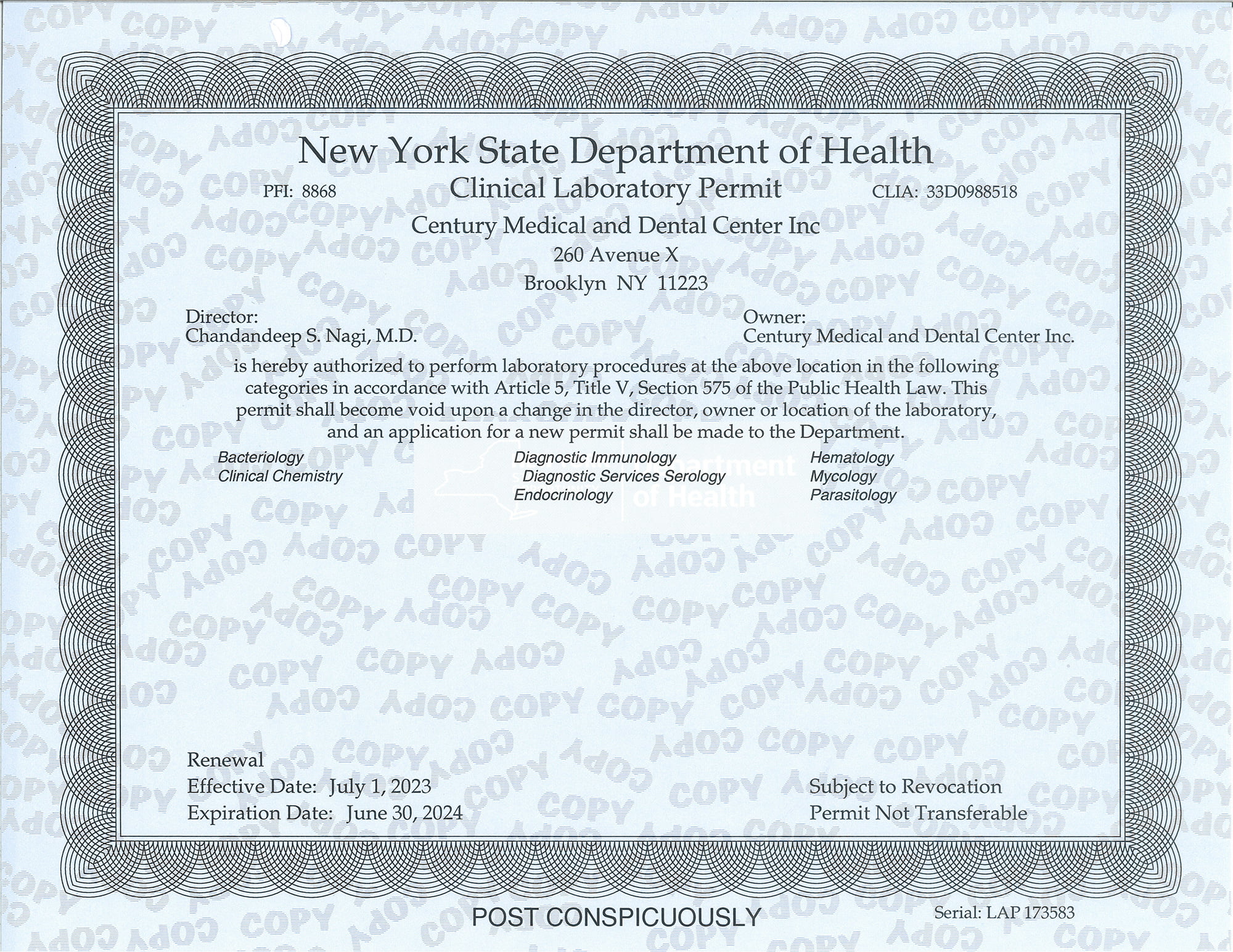 Clinica Laboratory Permit