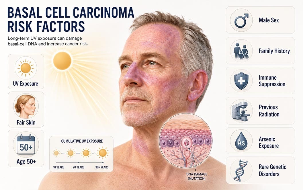 Basal cell carcinoma risk factors infographic showing UV exposure, fair skin, age over 50, family history, immune suppression, radiation, arsenic exposure, and genetic disorders.
