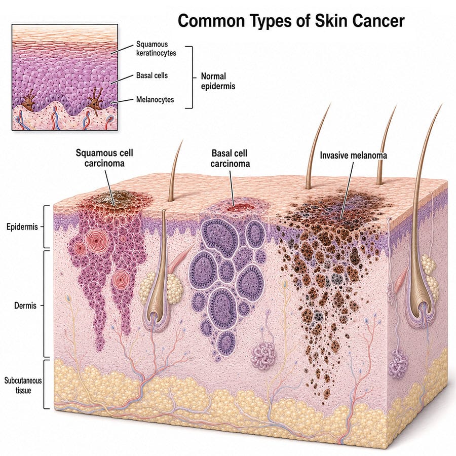 Medical illustration comparing basal cell carcinoma, squamous cell carcinoma, and invasive melanoma across the epidermis and dermis.