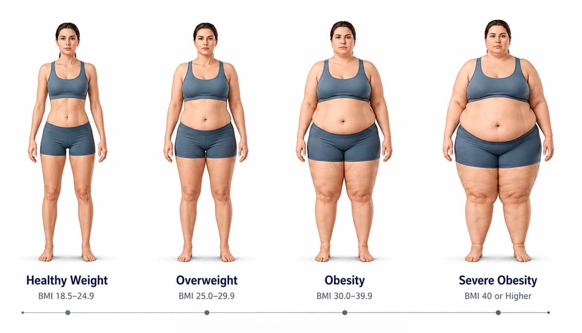 Medical illustration comparing healthy weight, overweight, obesity, and severe obesity using adult BMI ranges.