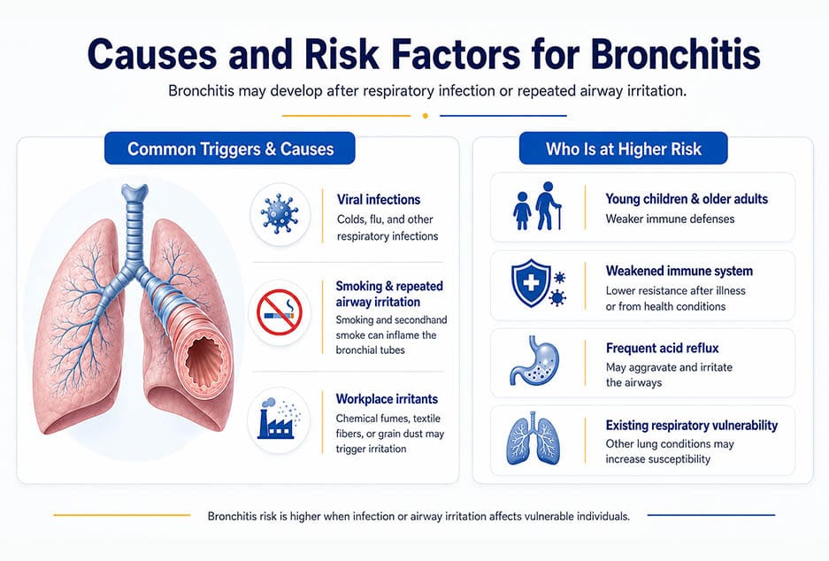 Causes and risk factors for bronchitis, including viral infections, smoking, airway irritants, weakened immunity, acid reflux, and respiratory conditions