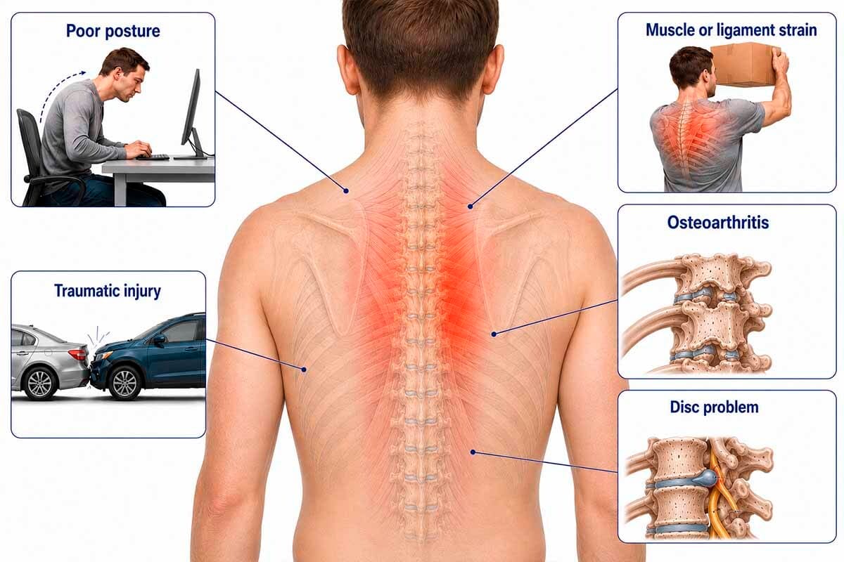 Medical infographic showing causes of upper back pain, including poor posture, muscle strain, traumatic injury, osteoarthritis, and thoracic disc problems.
