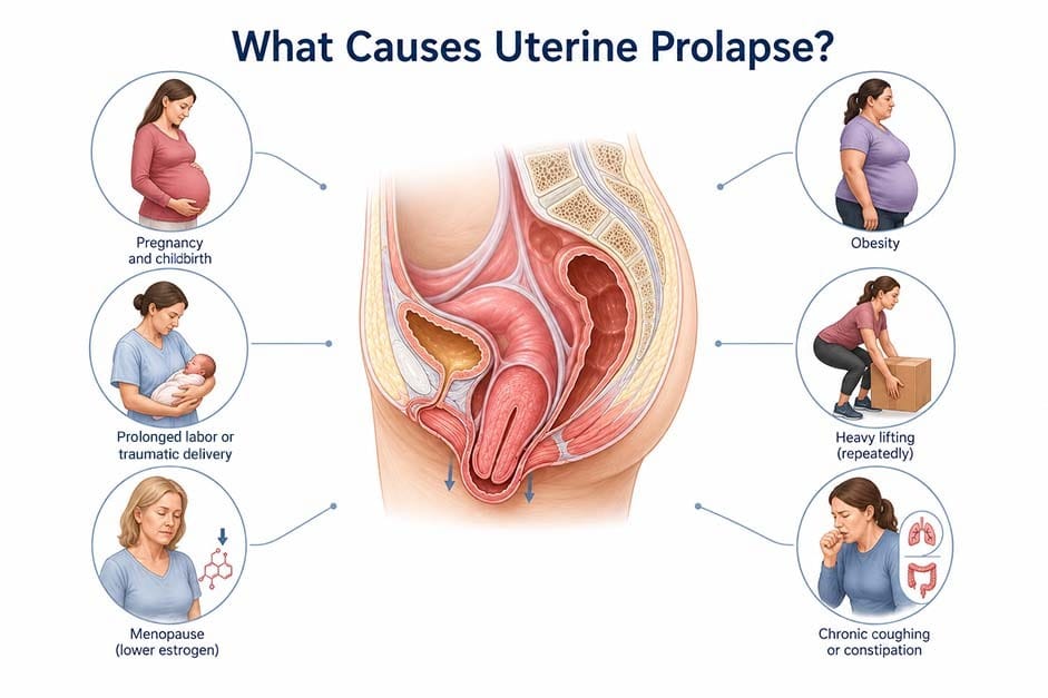 Medical infographic showing uterine prolapse caused by weakened pelvic floor support, with risk factors including pregnancy, difficult delivery, menopause, obesity, heavy lifting, chronic coughing, and constipation.