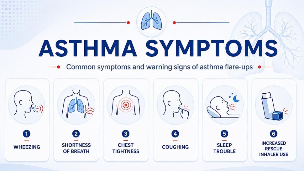 Infografía que muestra sibilancias, dificultad para respirar, opresión en el pecho, tos, problemas para dormir y un mayor uso del inhalador de rescate