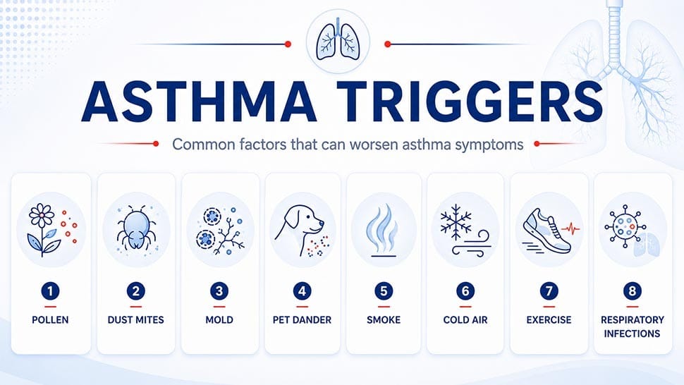 Infografía en la que se muestran los factores desencadenantes habituales del asma, entre los que se incluyen el polen, los ácaros del polvo, el moho, la caspa de las mascotas, el humo, el aire frío, el ejercicio y las infecciones respiratorias