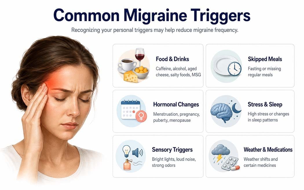 Infographic showing common migraine triggers, including certain foods and drinks, skipped meals, hormonal changes, stress, sleep changes, sensory stimuli, weather shifts, and medications.