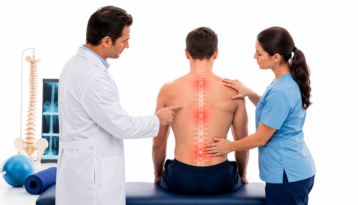 Un médico y un fisioterapeuta evalúan a un paciente con dolor de espalda como parte de un plan de tratamiento de rehabilitación coordinado.