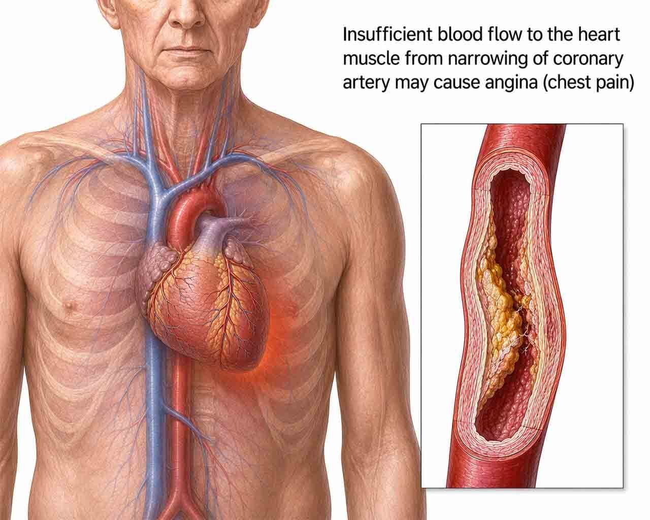 Ilustración médica en la que se muestra una arteria coronaria estrechada que reduce el flujo sanguíneo al músculo cardíaco y provoca angina de pecho