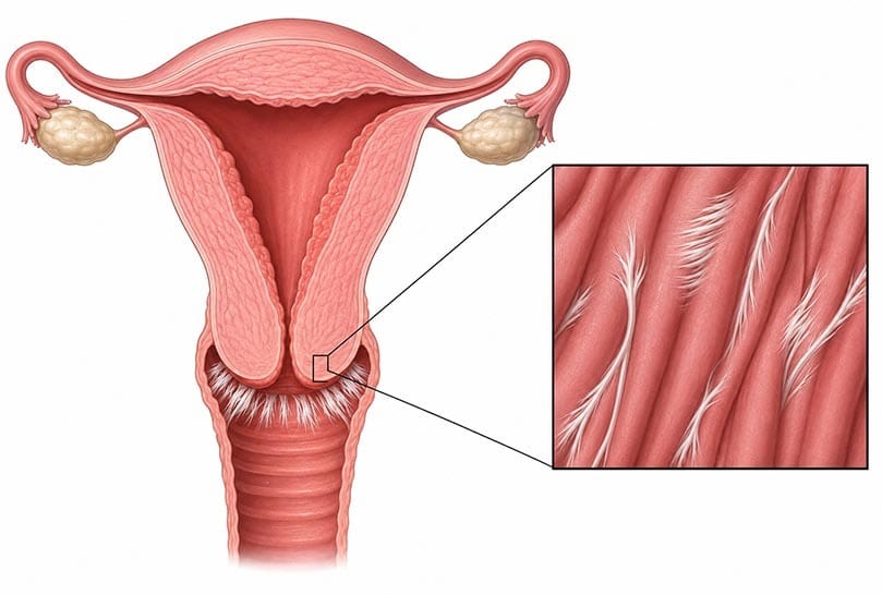 Ilustración médica del sistema reproductivo femenino con una vista ampliada del tejido vaginal asociado a la dispareunia y al dolor durante las relaciones sexuales.
