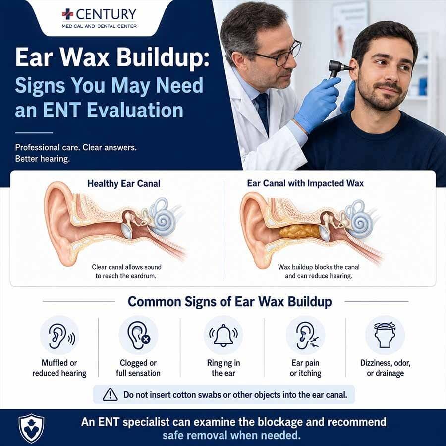 Síntomas de acumulación de cerumen, como audición amortiguada, sensación de taponamiento en los oídos, tinnitus, molestias en los oídos y mareos