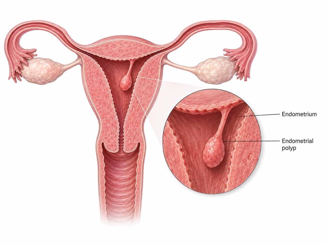 Ilustración médica en la que se muestra un pólipo endometrial adherido al revestimiento uterino, en el interior de la cavidad uterina.