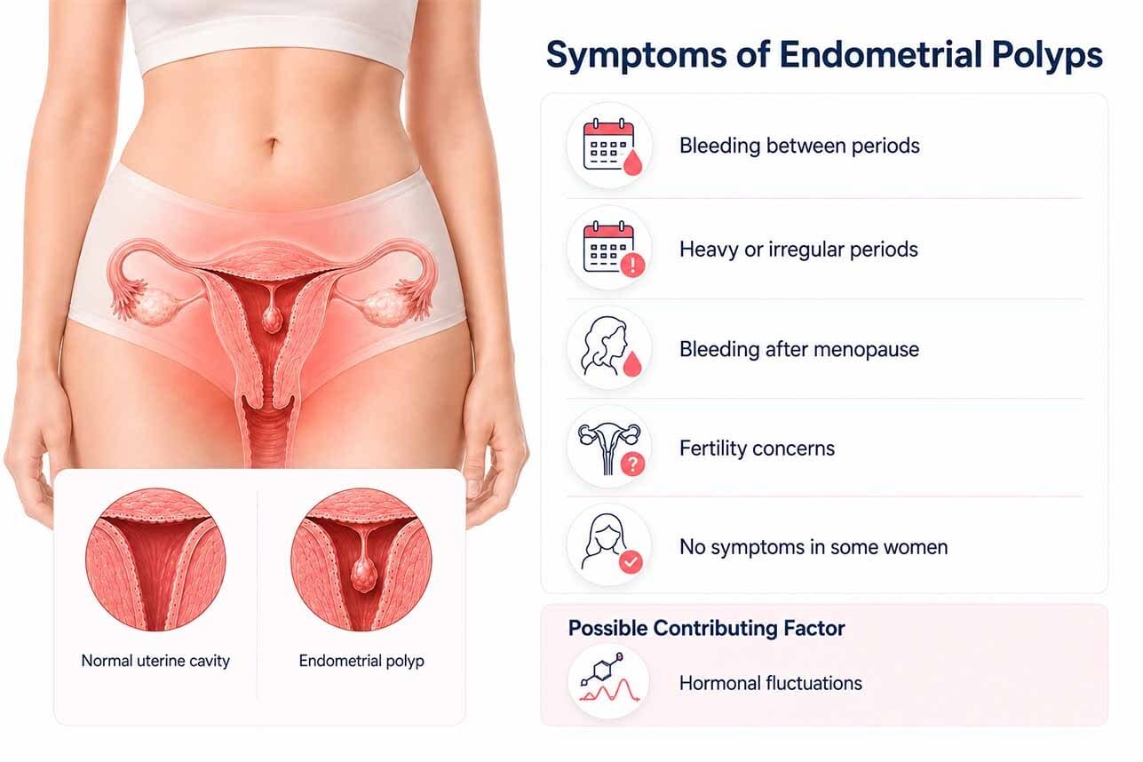 Infografía en la que se muestran los síntomas más comunes de los pólipos endometriales, entre los que se incluyen sangrados entre menstruaciones, menstruaciones abundantes o irregulares, sangrados tras la menopausia, problemas de fertilidad y, en algunas mujeres, la ausencia de síntomas.