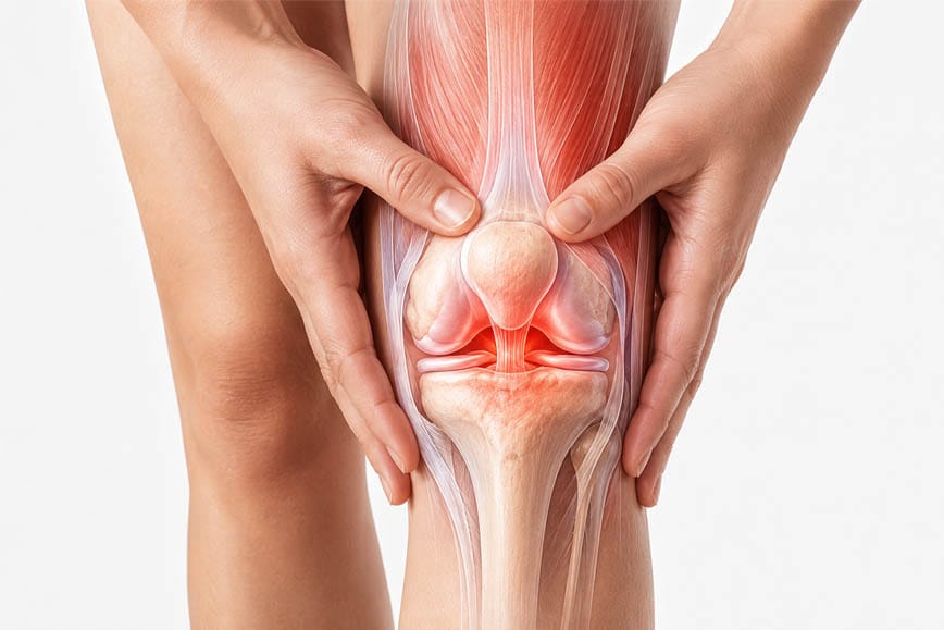 Ilustración anatómica de una articulación de la rodilla dolorosa y con inflamación
