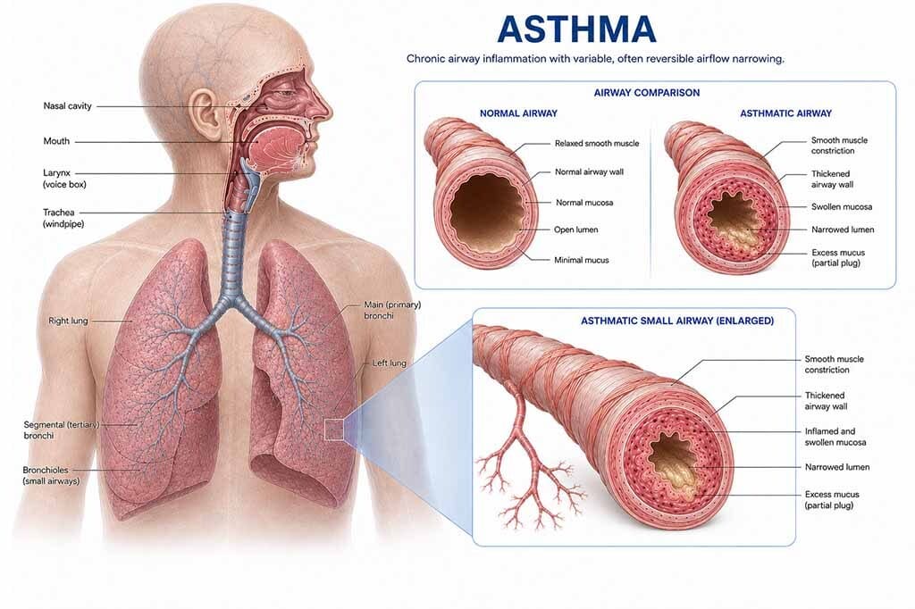 Ilustración médica en la que se comparan las vías respiratorias normales con las inflamadas y estrechadas afectadas por el asma
