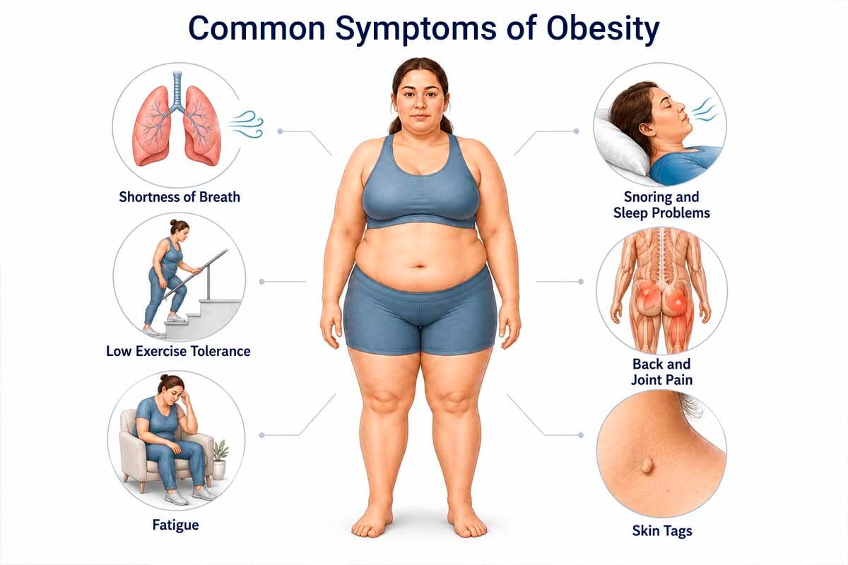 Medical infographic showing common effects of obesity, including shortness of breath, fatigue, snoring, low exercise tolerance, joint pain, and skin tags.