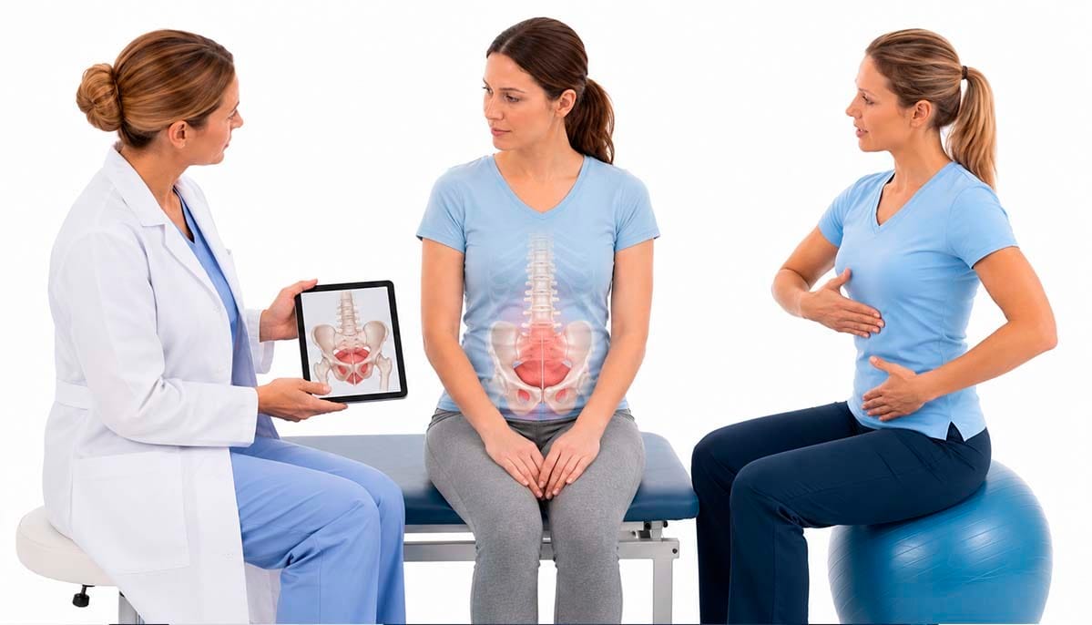 Una médica y una fisioterapeuta especializada en suelo pélvico hablan sobre la rehabilitación pélvica con una paciente durante una consulta conjunta.