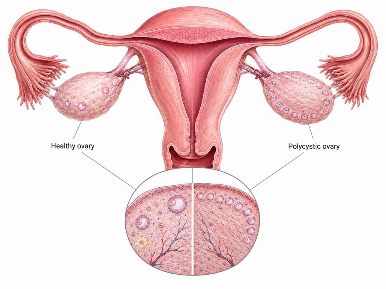 Ilustración médica en la que se compara un ovario sano con un ovario poliquístico, en el que se observan múltiples folículos periféricos pequeños y un aumento del estroma ovárico.