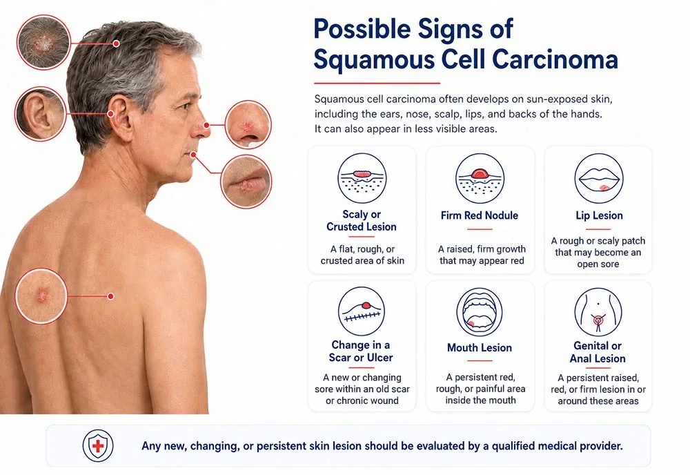 Infographic showing possible signs of squamous cell carcinoma, including scaly lesions, firm red nodules, lip sores, mouth lesions, and changes in scars or ulcers.