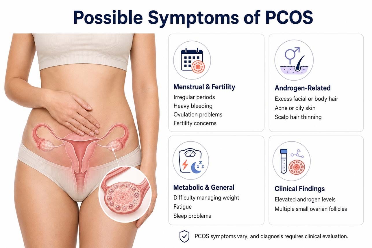 Infografía que muestra los posibles síntomas y hallazgos clínicos del síndrome de ovario poliquístico (SOP), entre los que se incluyen menstruaciones irregulares, crecimiento excesivo de vello, acné, pérdida de densidad capilar, dificultad para controlar el peso, fatiga, problemas de sueño, niveles elevados de andrógenos y múltiples folículos ováricos pequeños.