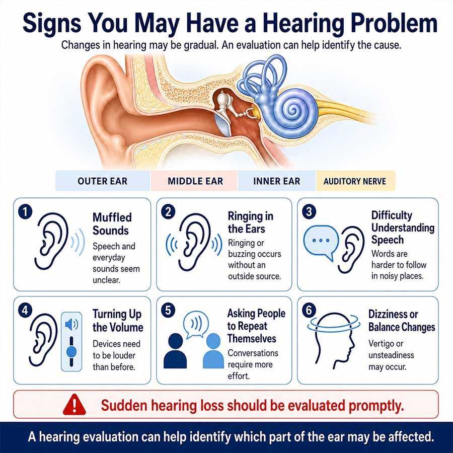 Los síntomas de un problema auditivo incluyen sonidos amortiguados, tinnitus, dificultad para hablar y alteraciones del equilibrio