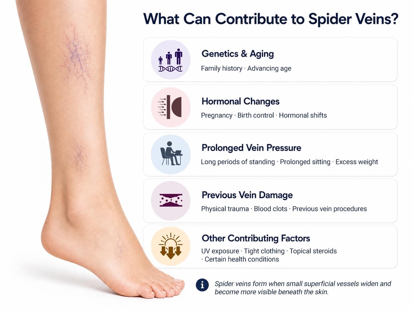 Medical infographic showing spider veins on a lower leg and contributing factors including genetics, hormonal changes, prolonged vein pressure, previous vein damage, and other health factors.
