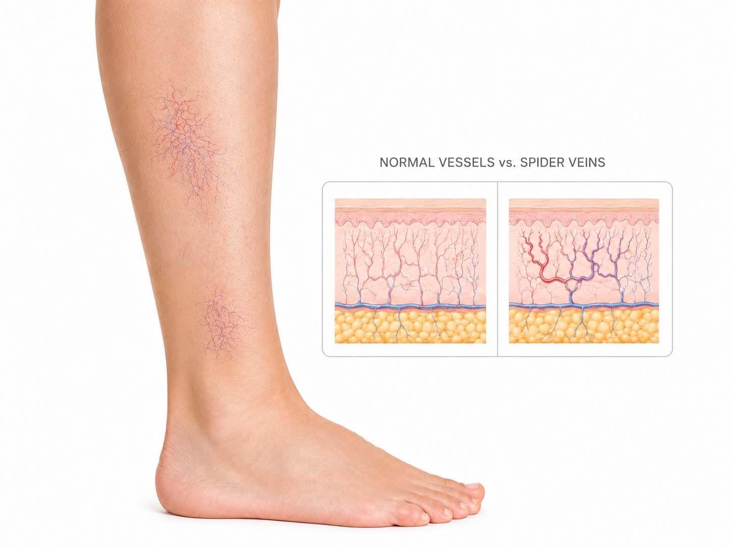 Medical illustration showing spider veins on a lower leg with a comparison of normal superficial vessels and dilated spider veins beneath the skin.