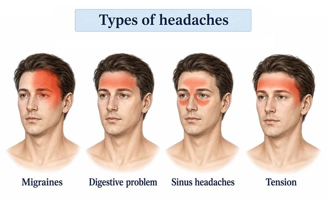 Illustration showing common headache types and pain locations, including migraine, digestive-related headache, sinus headache, and tension headache.
