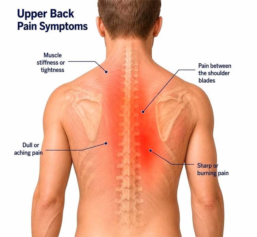 Medical illustration showing upper back pain symptoms, including stiffness, aching, burning pain, and pain between the shoulder blades.
