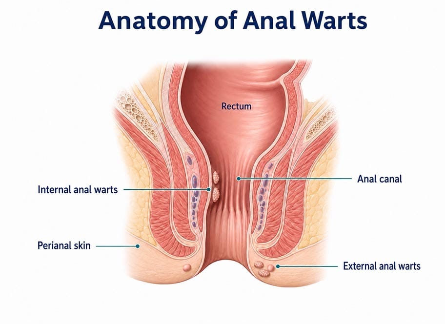 Anatomía de las verrugas anales: se muestran las verrugas anales internas y externas, el canal anal, el recto y la piel perianal