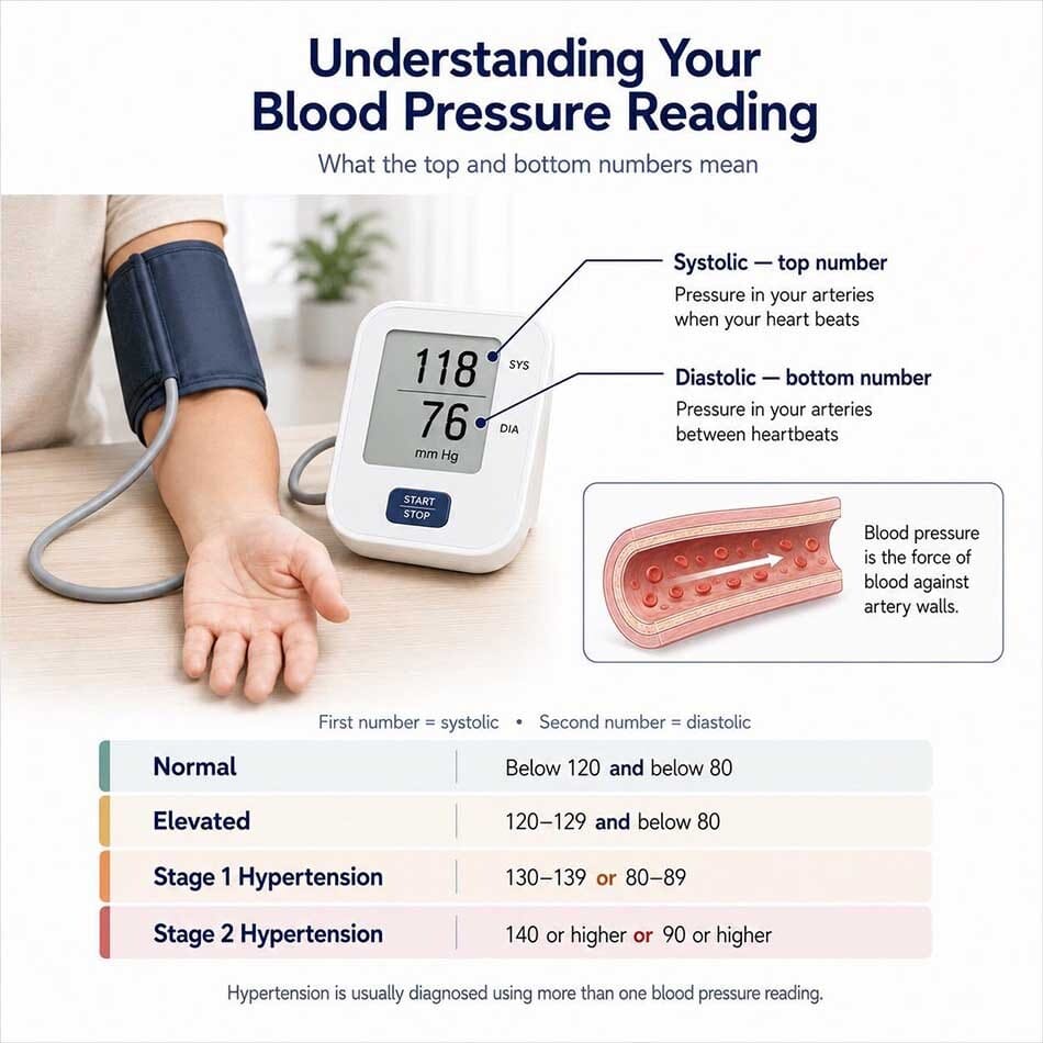 Infographic explaining systolic and diastolic blood pressure readings and the ranges for normal, elevated, Stage 1, and Stage 2 hypertension.