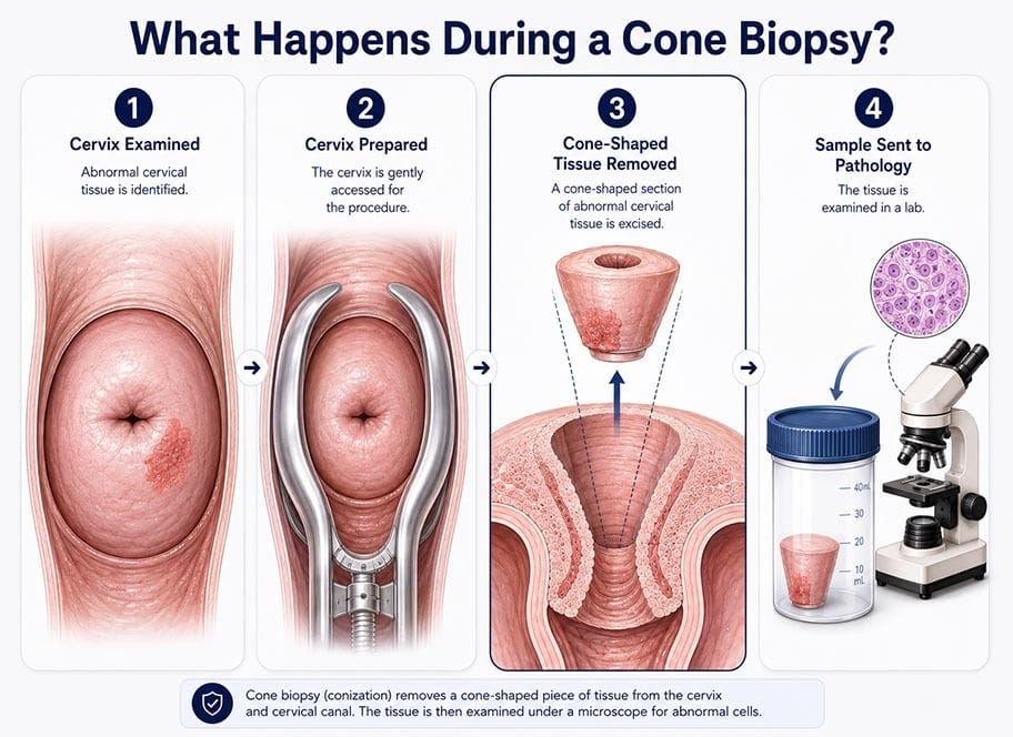 Steps of a cervical cone biopsy showing cervical examination, preparation, tissue removal and pathology testing