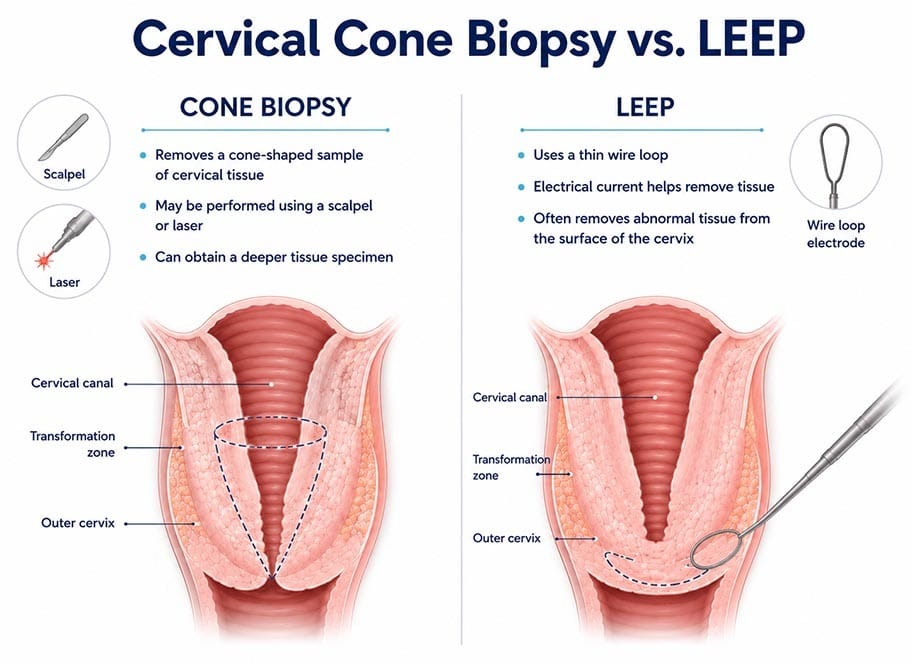 Infographic comparing cervical cone biopsy and LEEP procedures