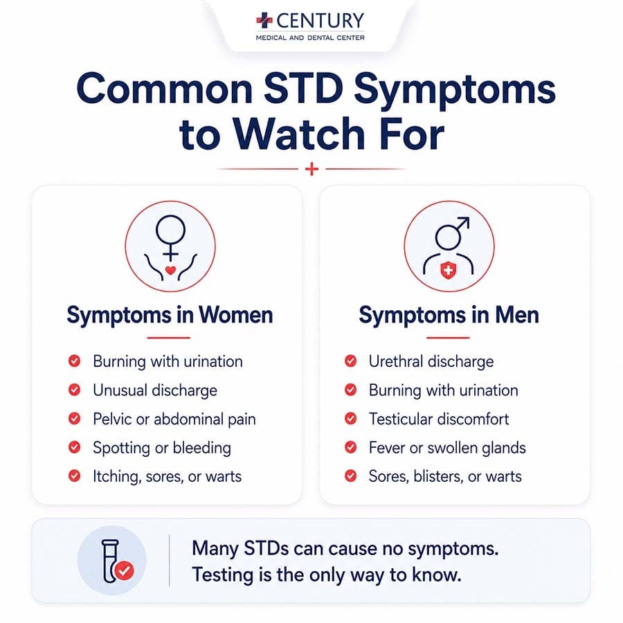 Infografía médica que muestra los síntomas más comunes de las ETS en mujeres y hombres