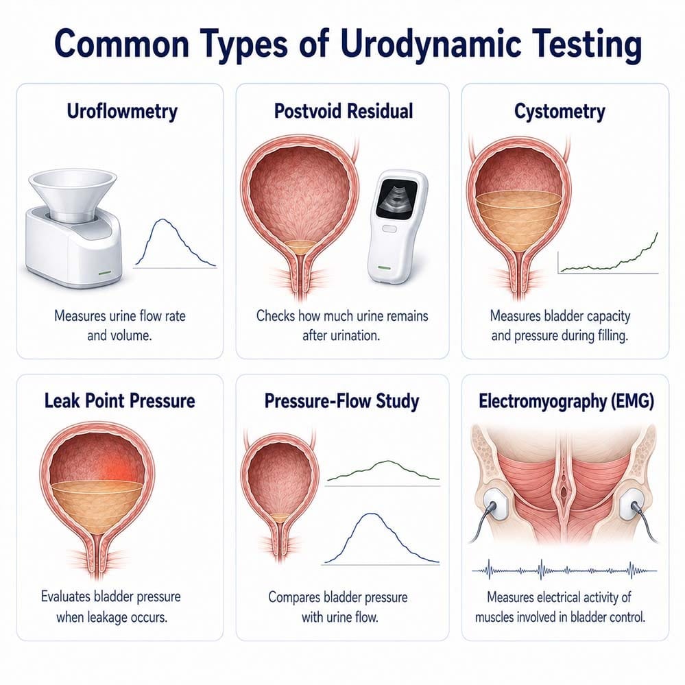 Infografía en la que se explican la uroflujometría, el residuo posmiccional, la cistometría, la presión de punto de fuga, el estudio de presión-flujo y la electromiografía