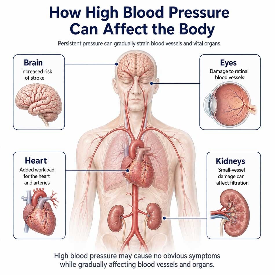 Medical infographic showing how high blood pressure can affect the brain, eyes, heart, and kidneys through damage to blood vessels and vital organs.
