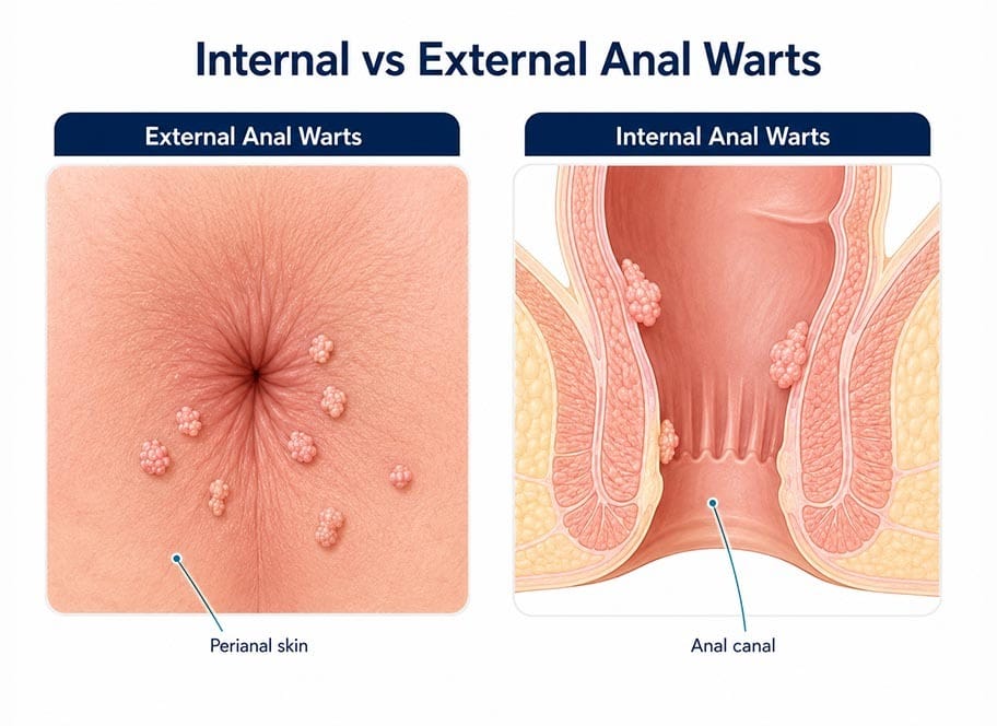 Comparación entre las verrugas anales internas del canal anal y las verrugas anales externas de la piel perianal