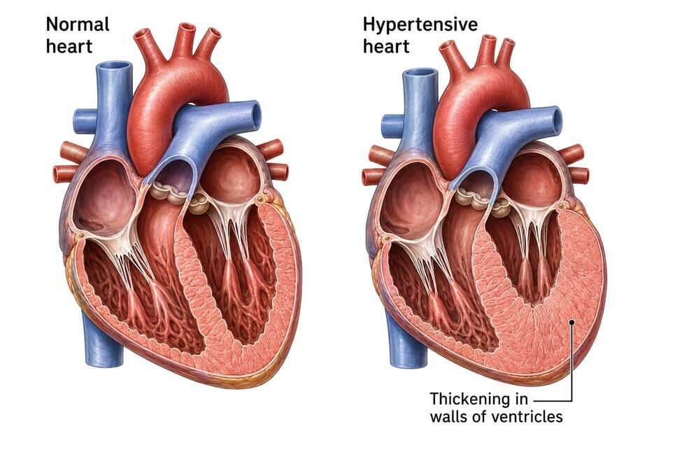 Medical illustration comparing a normal heart with a hypertensive heart, showing thickened ventricular walls caused by long-term high blood pressure.