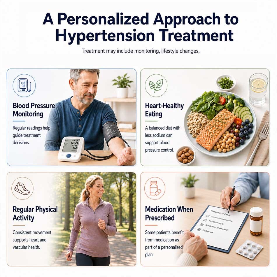 Infographic showing a personalized approach to hypertension treatment with blood pressure monitoring, heart-healthy eating, physical activity, and medication when prescribed.
