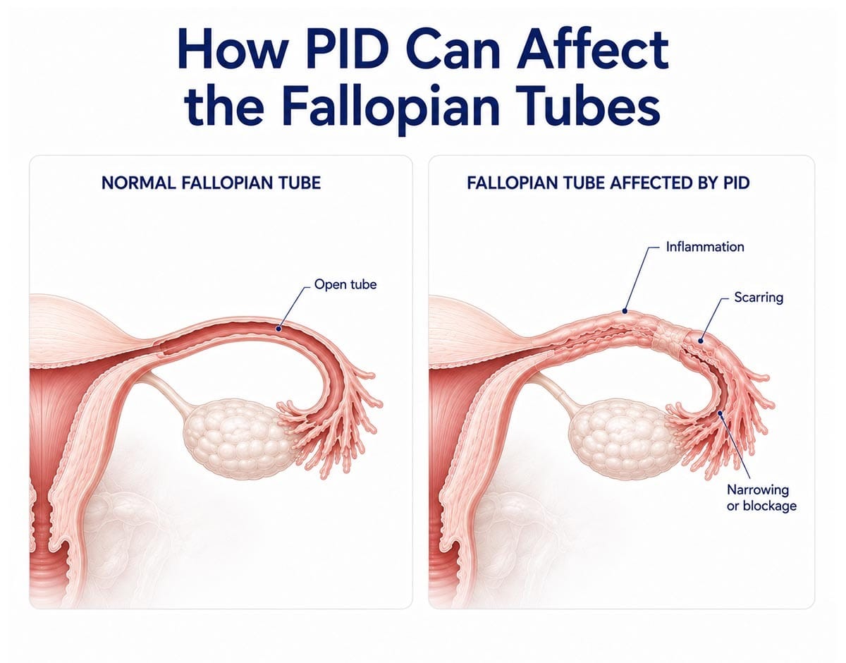 Comparación entre una trompa de Falopio normal y una trompa de Falopio afectada por una enfermedad inflamatoria pélvica